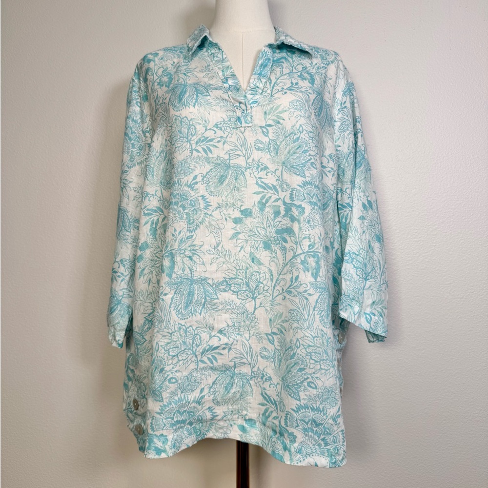 Sigrid‎ Olsen Linen Aqua Floral Popover Top Women Sz 1 X Mother Of Pearl Buttons